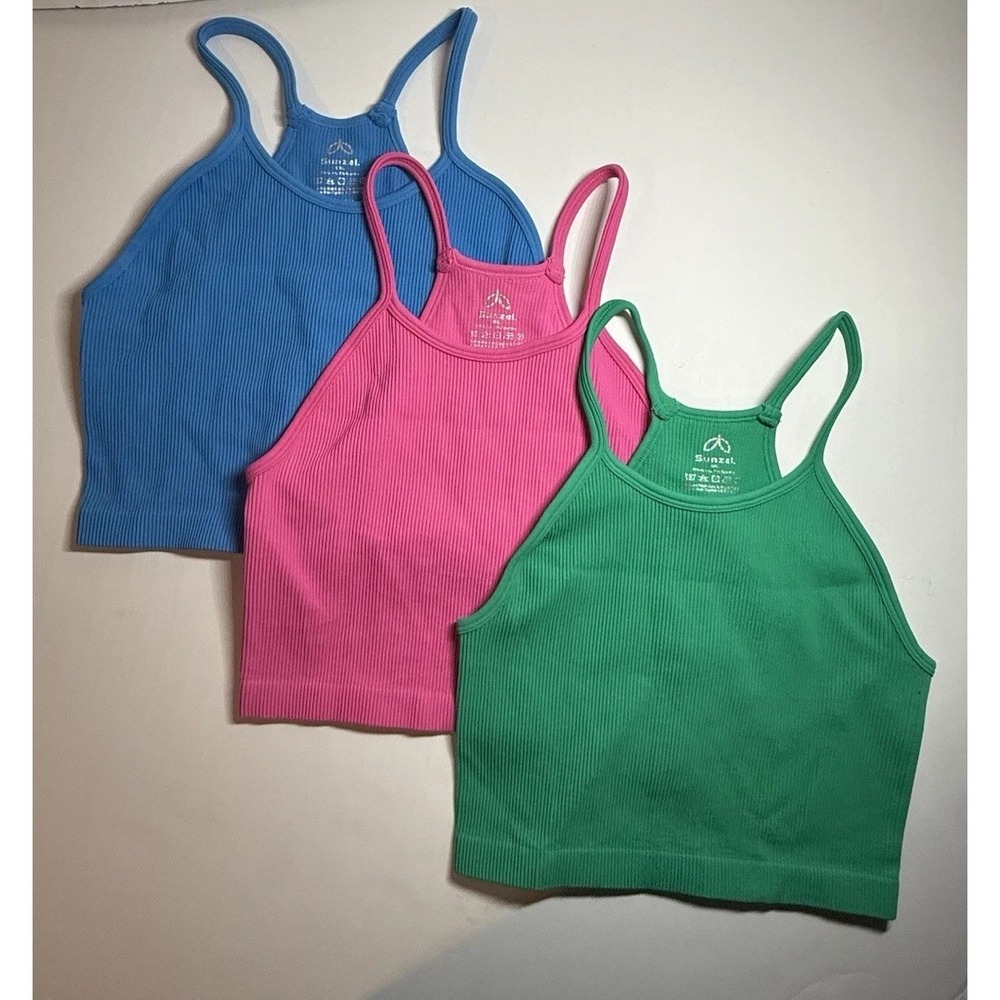 Sunzel Croppped Tank Womens M/L Ribbed Seamless Racerback  3 Pack